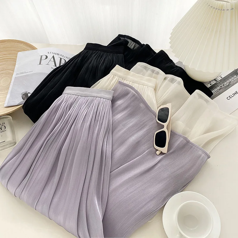 

Summer Pearl Gloss Bright Silk Casual Skirts Womens High Waist Pleated Drape A-line Long Skirts Female Elegant Streamer Skirt