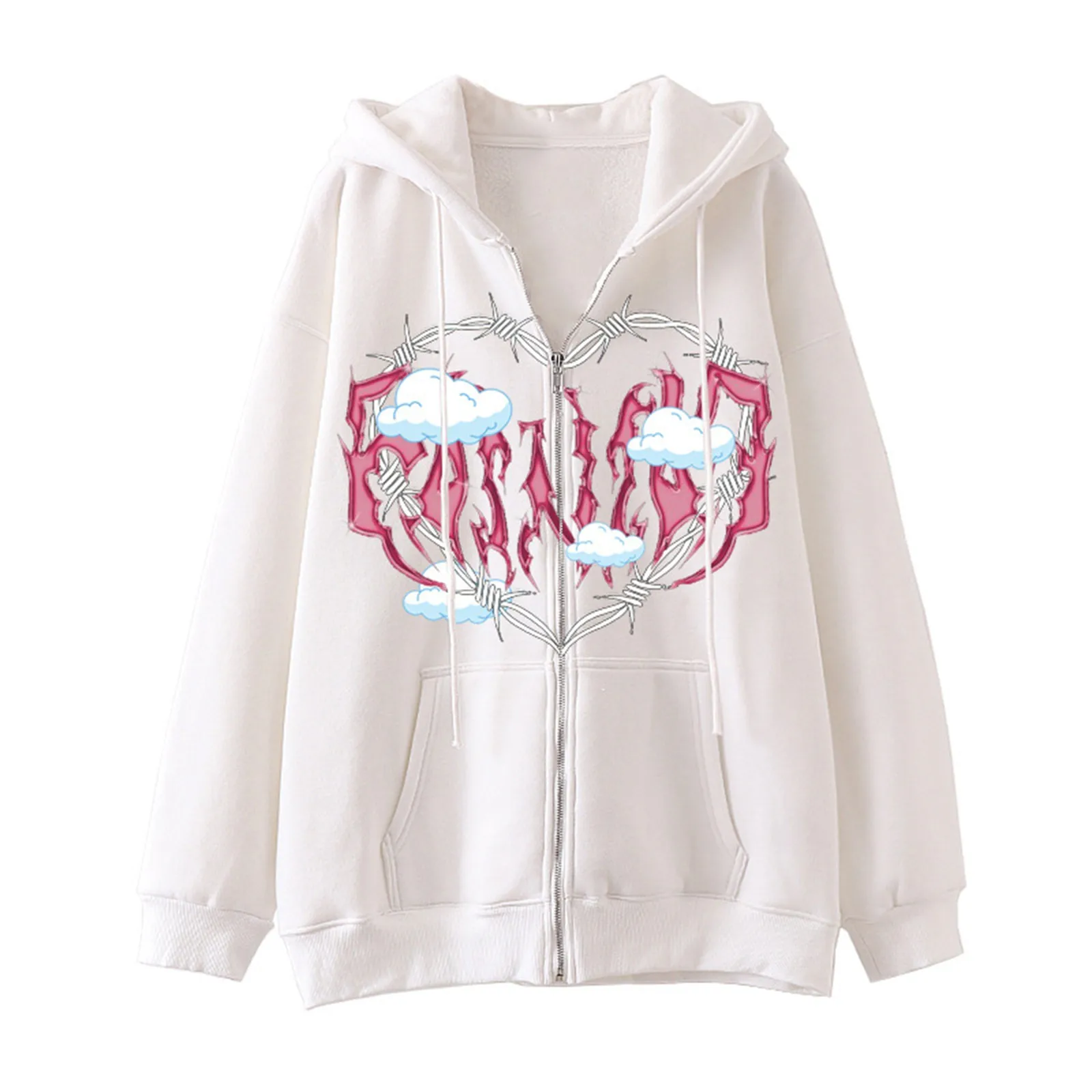 

Autumn And Winter Padded Thickened Hoodie Sweatshirt Fashion Heart Printed Solid Colours Blouse Casual Zipped Sweatshirt Jacket
