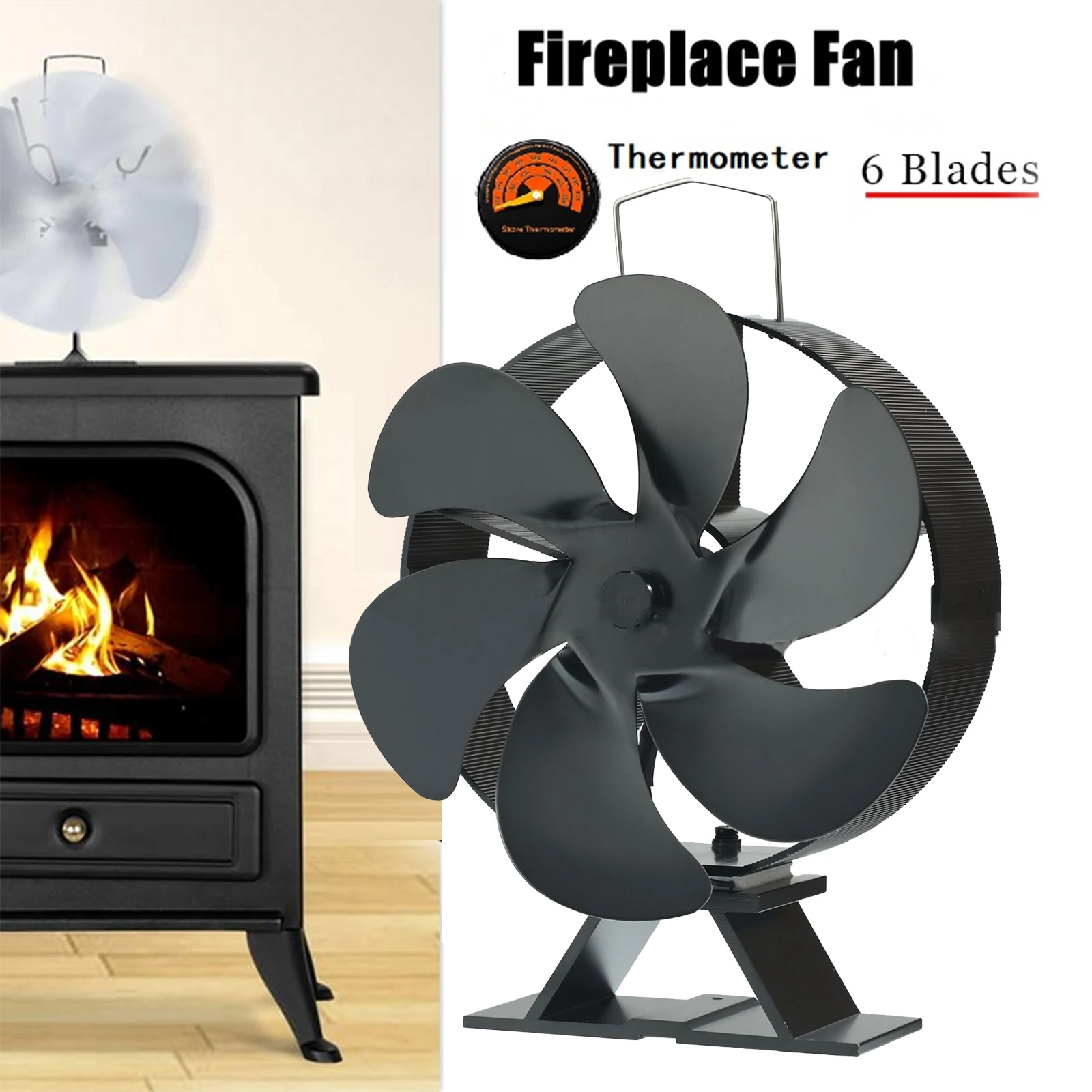 

Fireplace Fan 6 Blade Heating Furnace Fan Black Thermal Dynamic Energy Log Burner Safe Heat Powered Stove Fan Efficient Heat