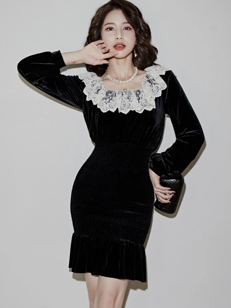 

Новое поступление, модное женское весенне-осеннее винтажное облегающее черное платье с кружевной строчкой, темпераментное женское платье с открытыми плечами и юбкой-годе