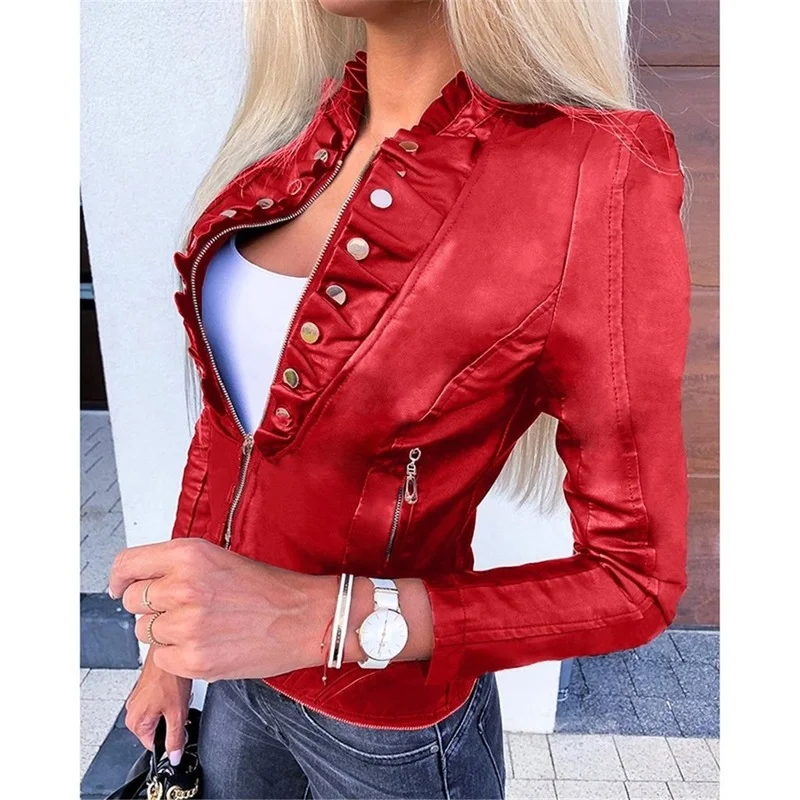 Women Fashion Autumn Jacket Cool Faux Leather Long Sleeve Zipper Fitted Motor Biker Coat Outwear Female Fall Short Jacket New