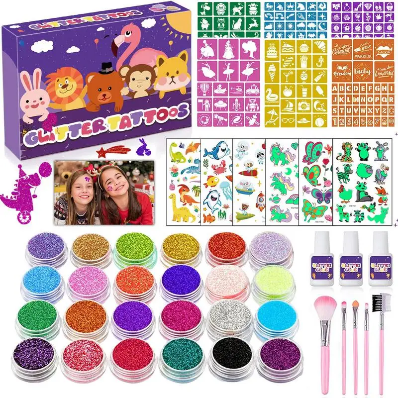 

Temporary Body Glitter Tattoo Glitter Body Glitter Makeup Kit Glitter Glue Brushes Stencils For Cosplay Birthday Party Festival