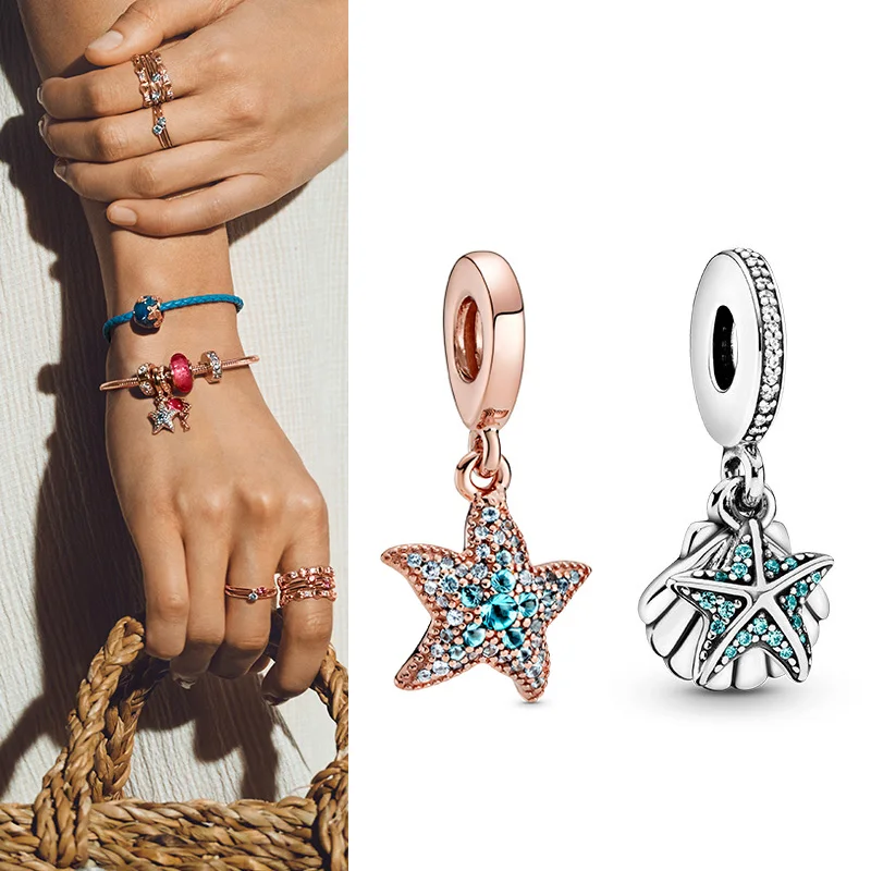 

2020 New 925 Sterling Silver Charm Rose Gold Glittering Starfish Pendant Fit Pandora Women Bracelet & Necklace Diy Jewelry