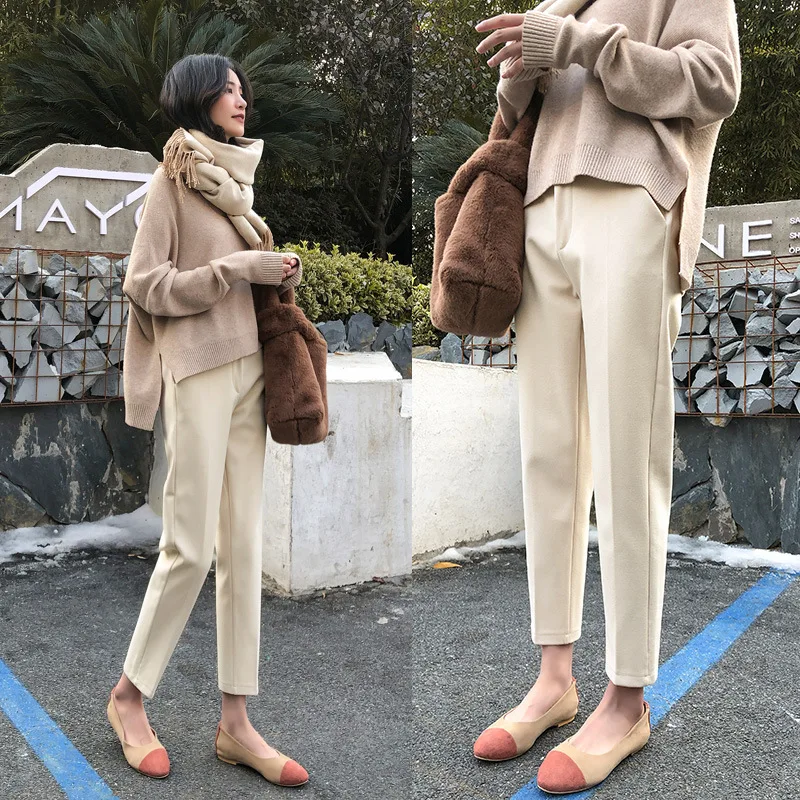 

Зимние шерстяные плотные теплые брюки-карандаш для женщин свободные брюки большого размера в Корейском стиле женские шаровары 2022 винтажны...