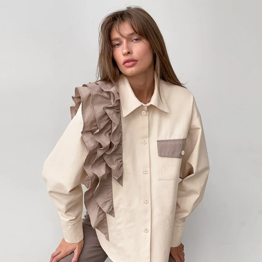 

Рубашка с французским дизайном, Асимметричный топ, новинка сезона осень-зима 2023, свободные Цветные повседневные рубашки