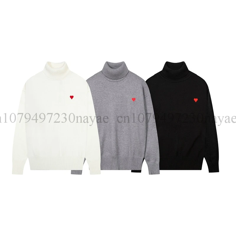 

2023 Autumn/Winter New A Heart Embroidery Men's Sweater Turtleneck Pullover High Street Fashion Men's Loose Casual Sweater