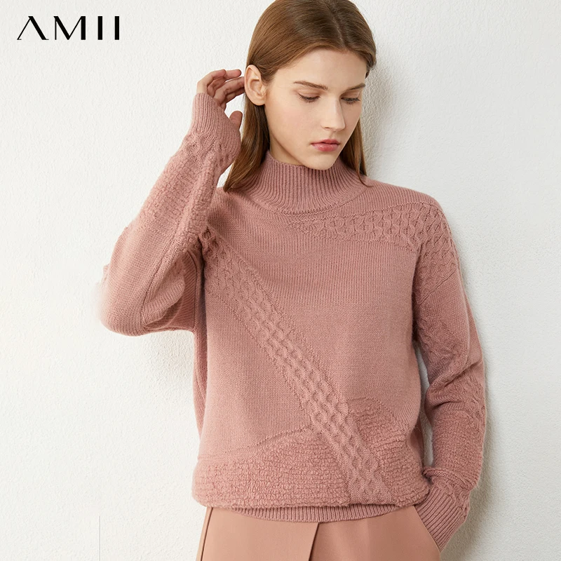 

Минималистские зимние свитера Amii для женщин, модный однотонный женский свитер с высоким воротом, свободный шерстяной Женский пуловер, топы ...