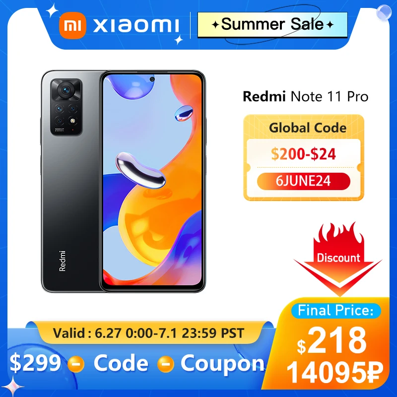  Смартфон Xiaomi Redmi Note 11 Pro, 64 ГБ/128 ГБ, Восьмиядерный процессор MTK Helio G96, 120 МП, Гц, AMOLED, 67 Вт, быстрая зарядка 