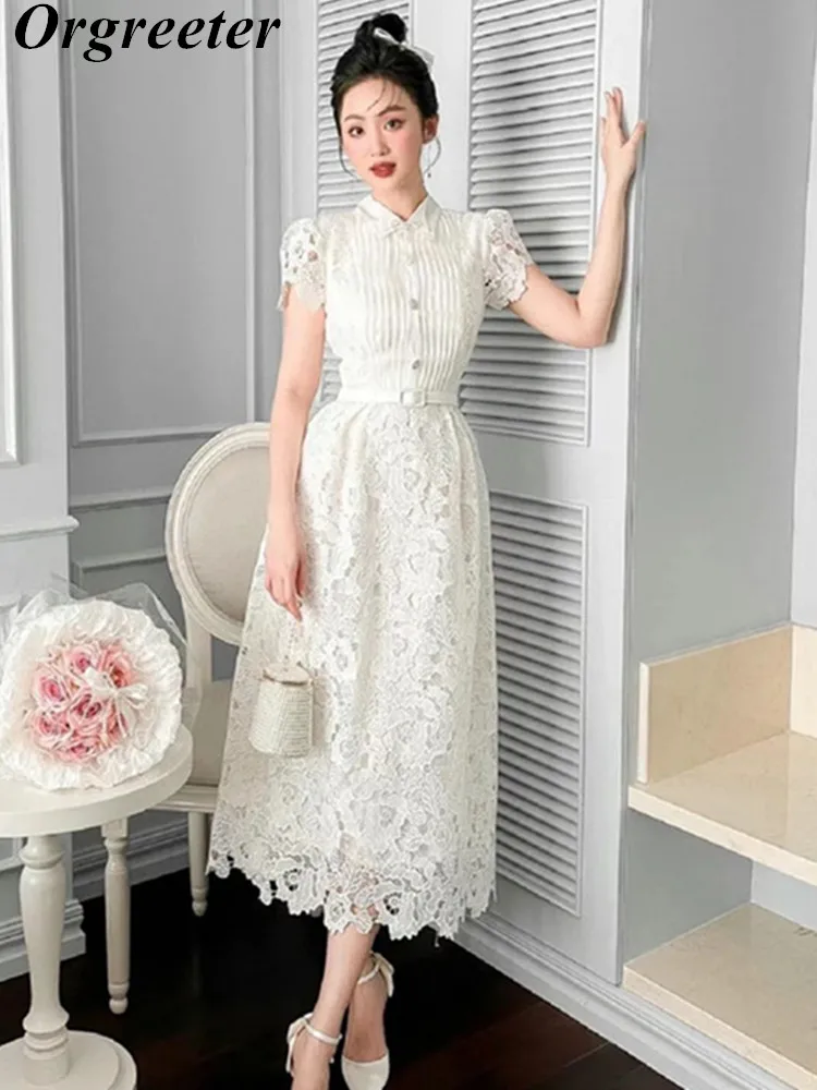 

Женское платье с отложным воротником, модельное роскошное белое платье с коротким рукавом, элегантное плиссированное белое платье с цветоч...