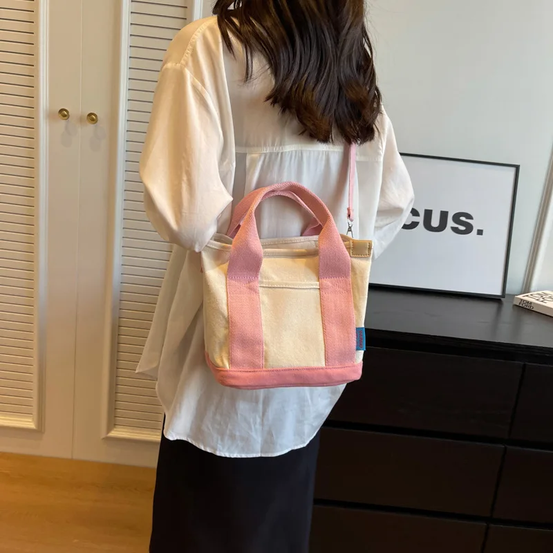 

New Simple Small Square Handbag Fashion Trend Thicken Canvas Shoulder Bag for Women Wide Strap Bucket Tote Bag Crossbody Bag