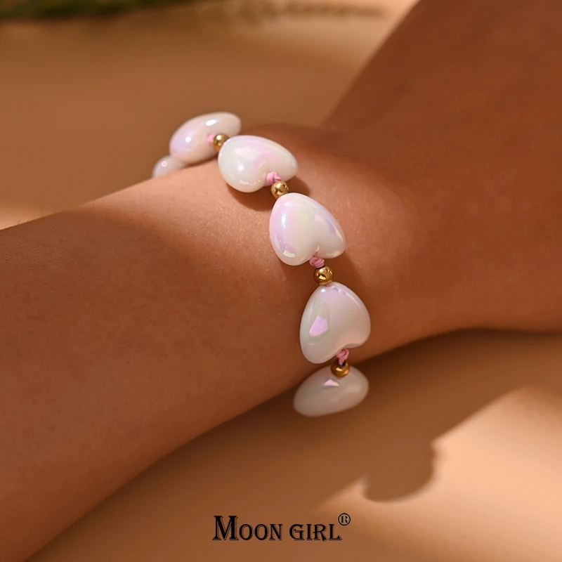

Simulated Pearl Heart Charm Bracelet for Women Fashion Handmade Knotted Girl Bracelet Friendship Jewelry MOON GIRL Design