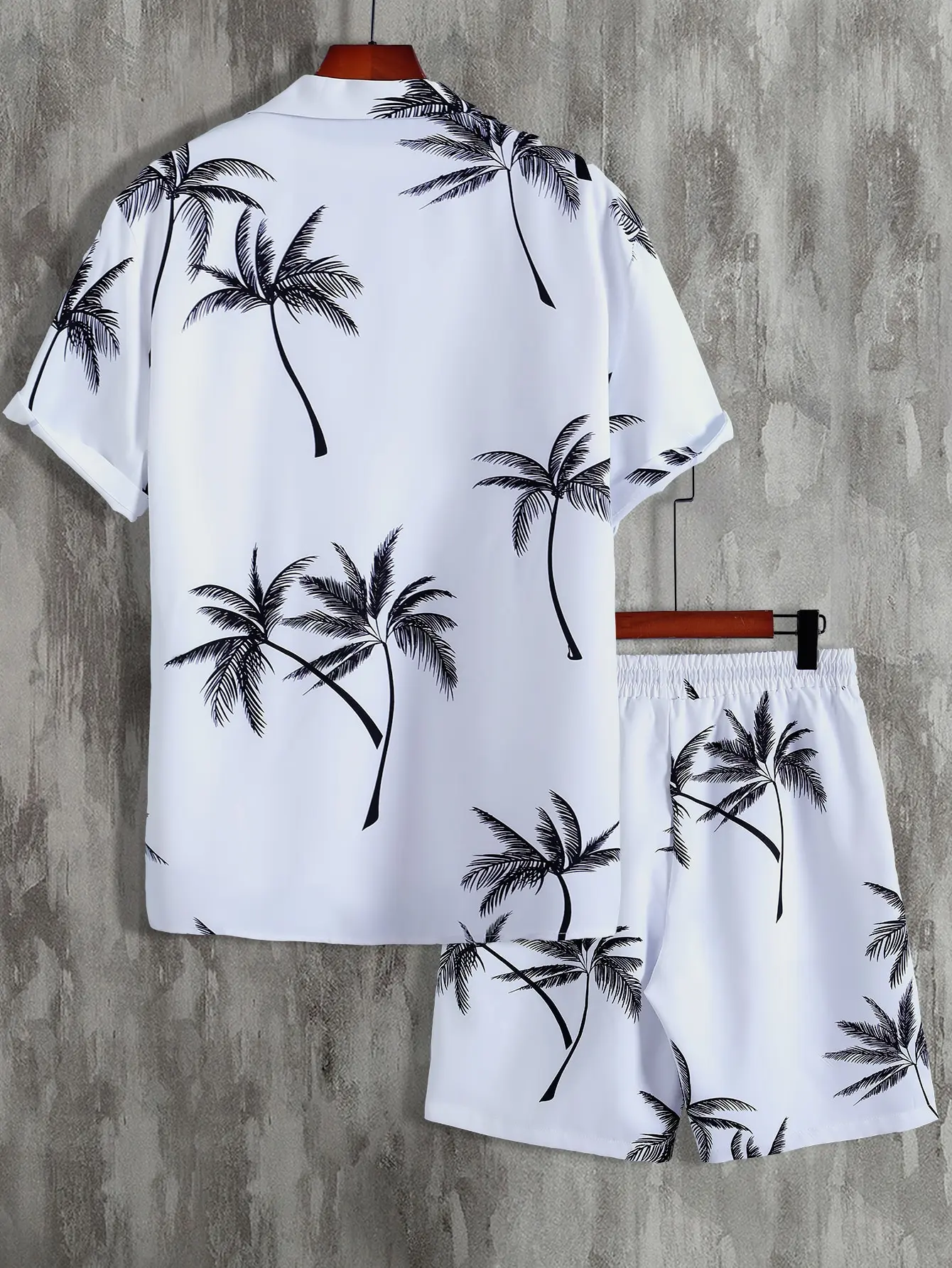 Men Random Palm Tree Print Shirt & Drawstring Waist Shorts Without Tee