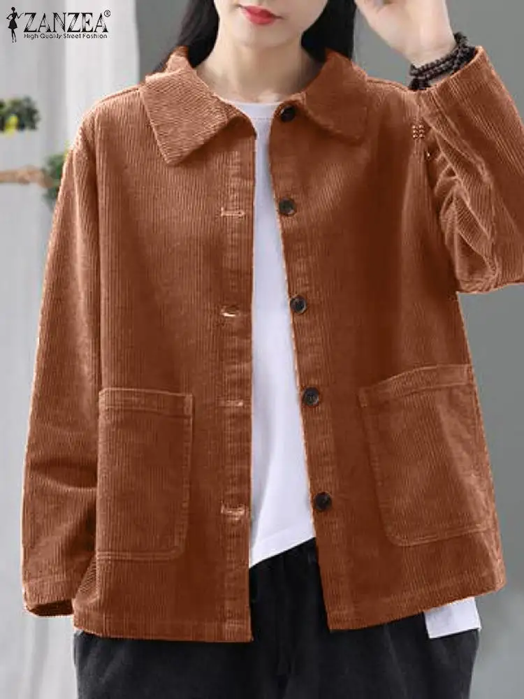 

ZANZEA Autumn Corduroy Coat Jackets Women Long Sleeve Lapel Neck Outwear Elegant OL Work Tops Shirt Casual Solid Pocket Coats