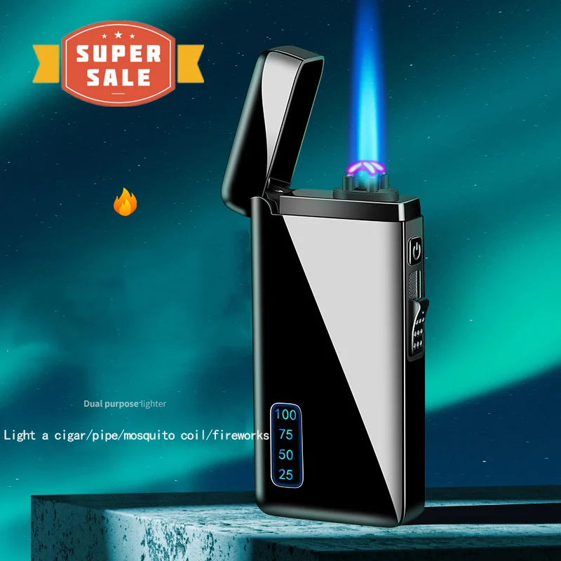 

Metal Gas Dual Purpose Lighter Dual Arc USB Charging LED Screen Display Power Supply Survival Torch Lighter Men's Gift