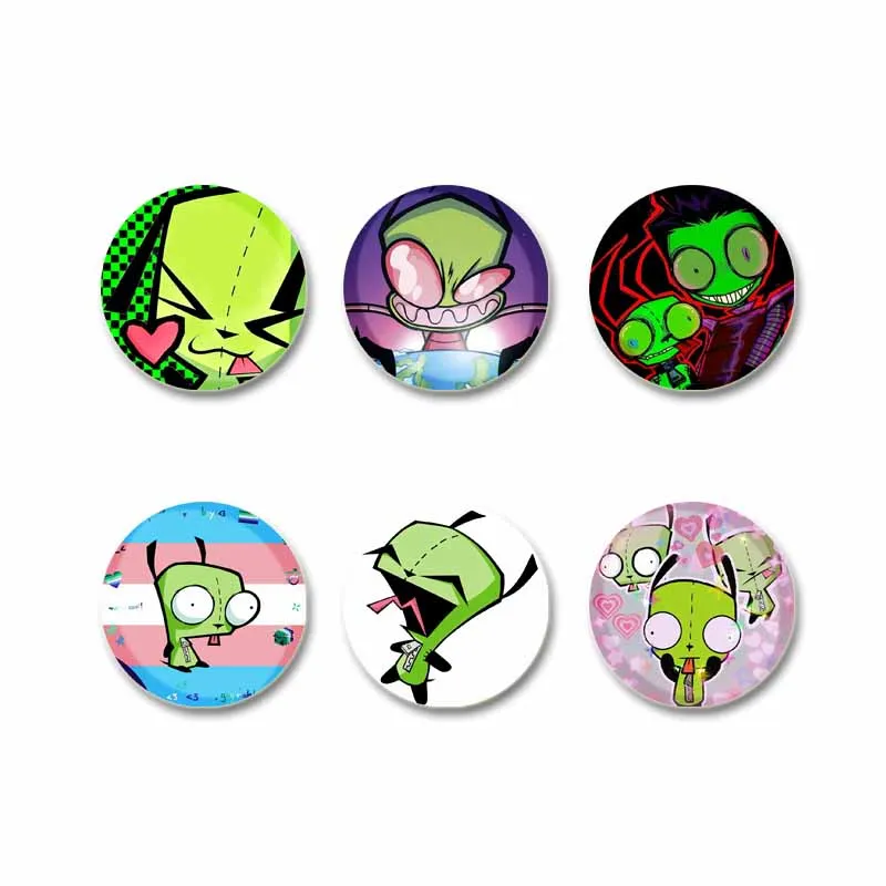 Фото Эмалированная булавка в стиле аниме Invader Zim, милые зеленые круглые броши с изображением инопланетянина на сумке, аксессуары для рубашек, значок на лацкане, забавные ювелирные изделия, подарки №4