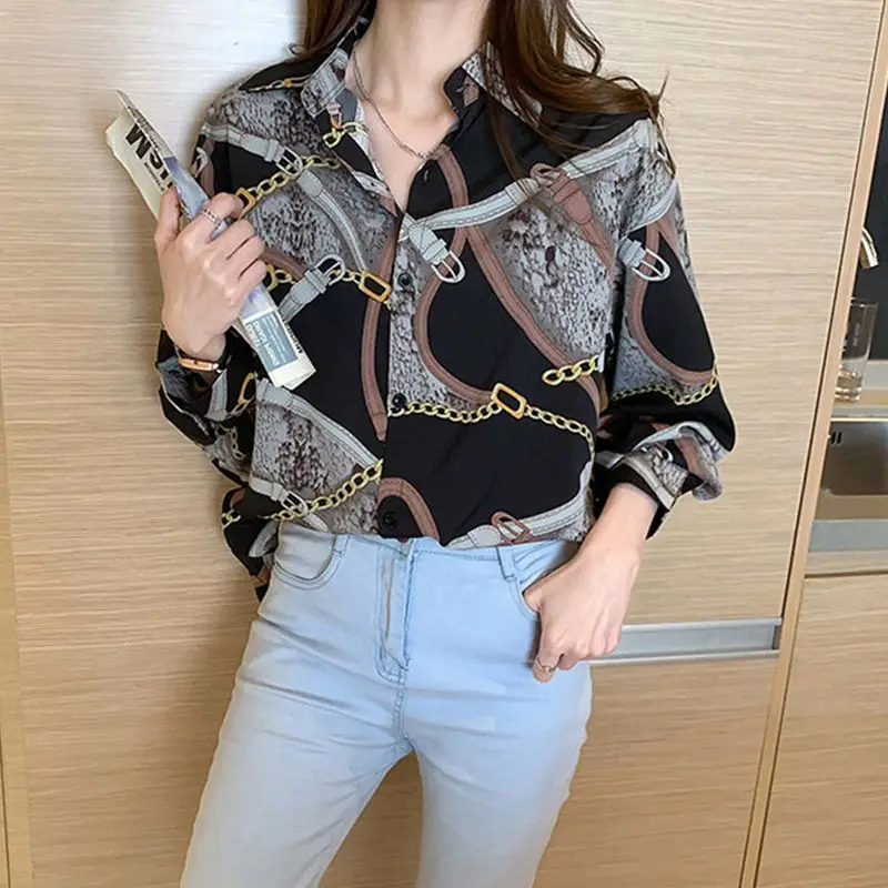 

Women Shirts and Blouses Feminine Vintage Print Top Long Sleeve Casual Korean Style Turn-down Collar Loose Blusas Y Camisas