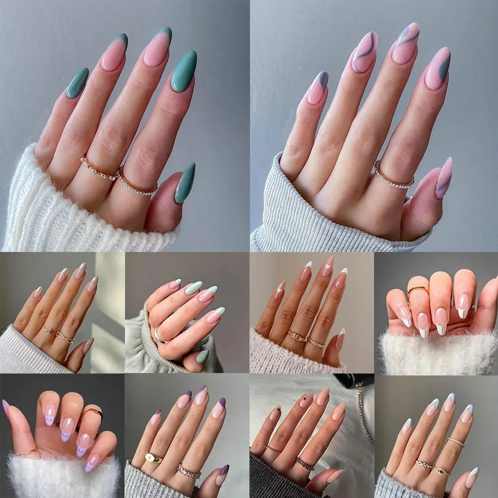 

Press On Nails Full Cover Detachable Artificial Almond False Nails Wearable Nail Tips French Stiletto Fake Nails