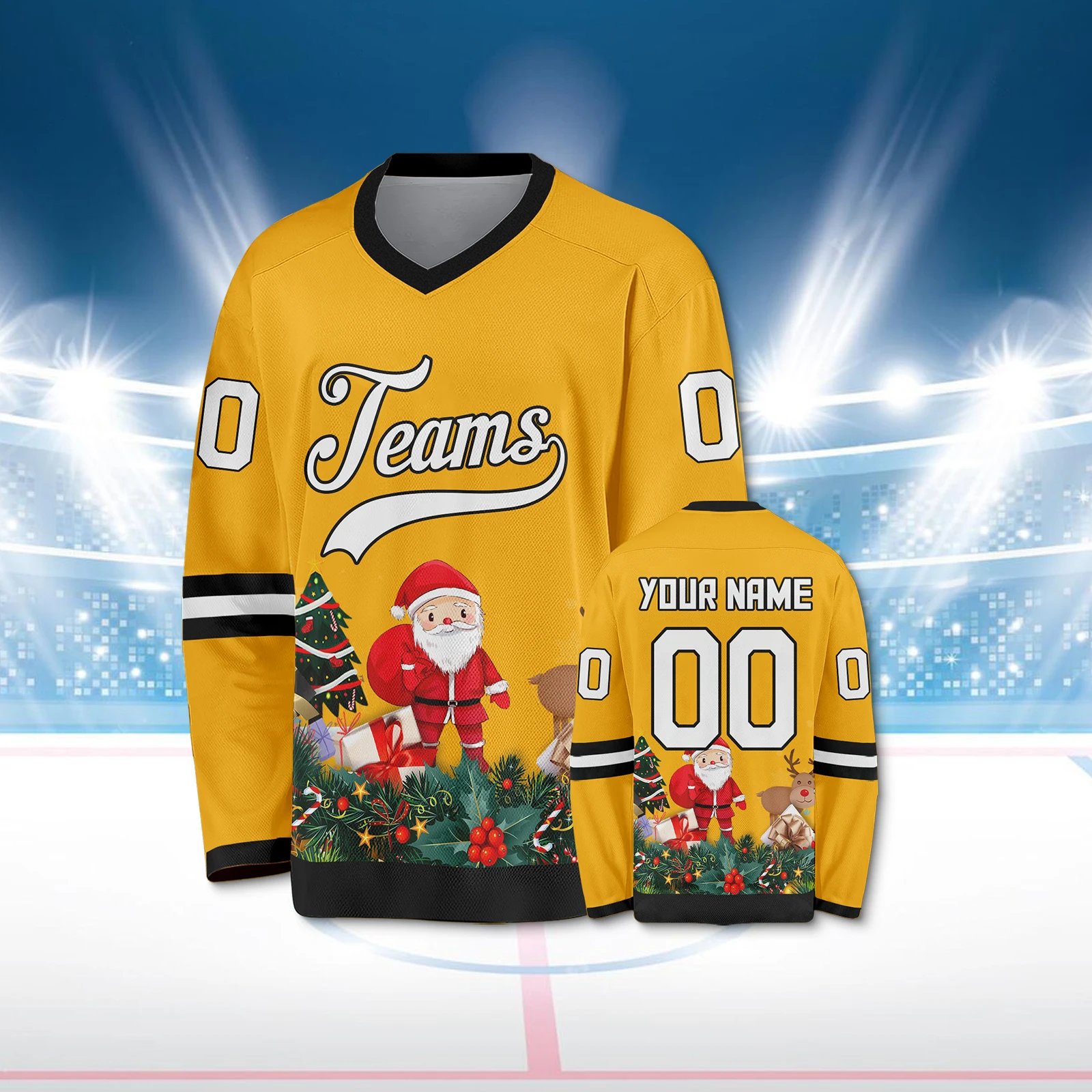 Желтый хоккейный трикотаж Рождественский Санта-Клаус индивидуальный принт имя