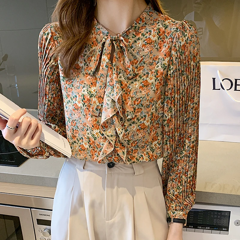 Женская шифоновая блузка с цветочным принтом плиссированным рукавом |