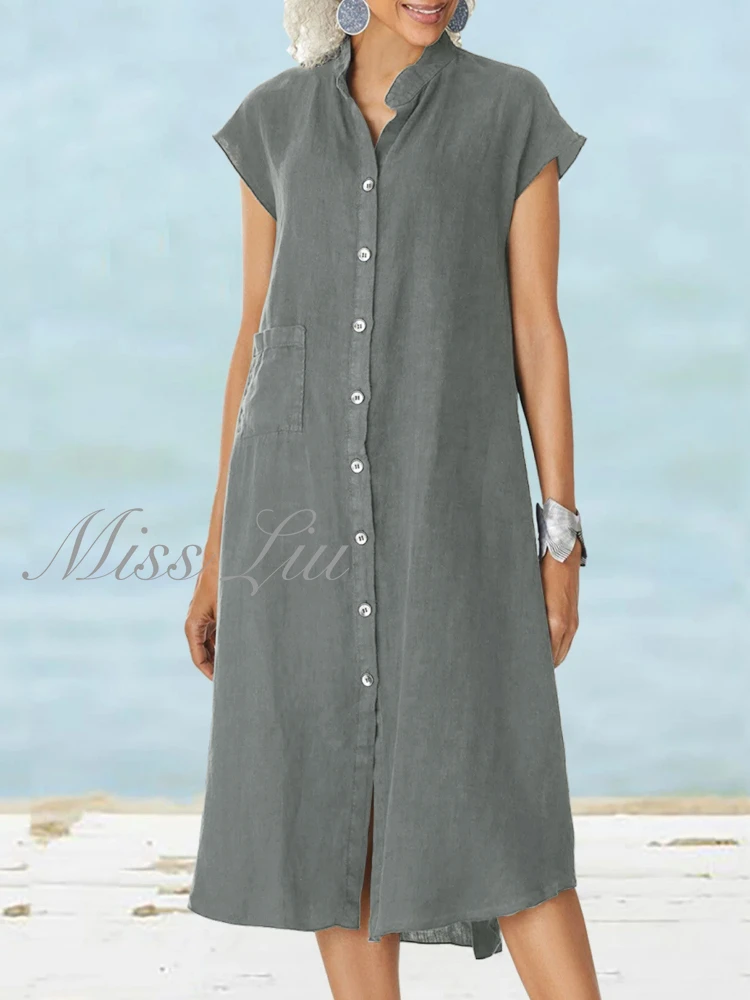 

2023 Summer Fashion New Style Cardigan Standing Neck Single Breasted Cotton Hemp Pocket Large Size Elegant Dress Shirt Dress