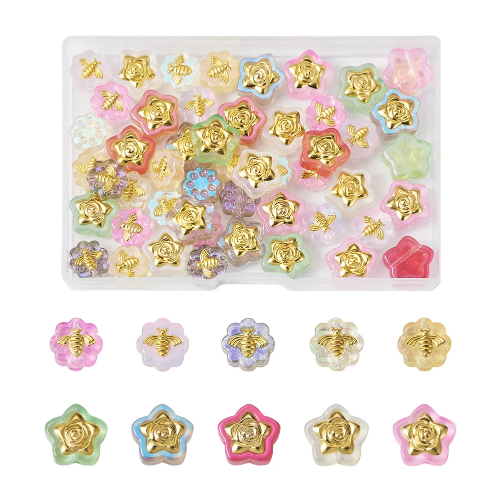 

60Pcs Transparent Spray Painted Glass Beads Mixed Star & Flower with Bee Shape Loose Bead Charms for Jewelry Making