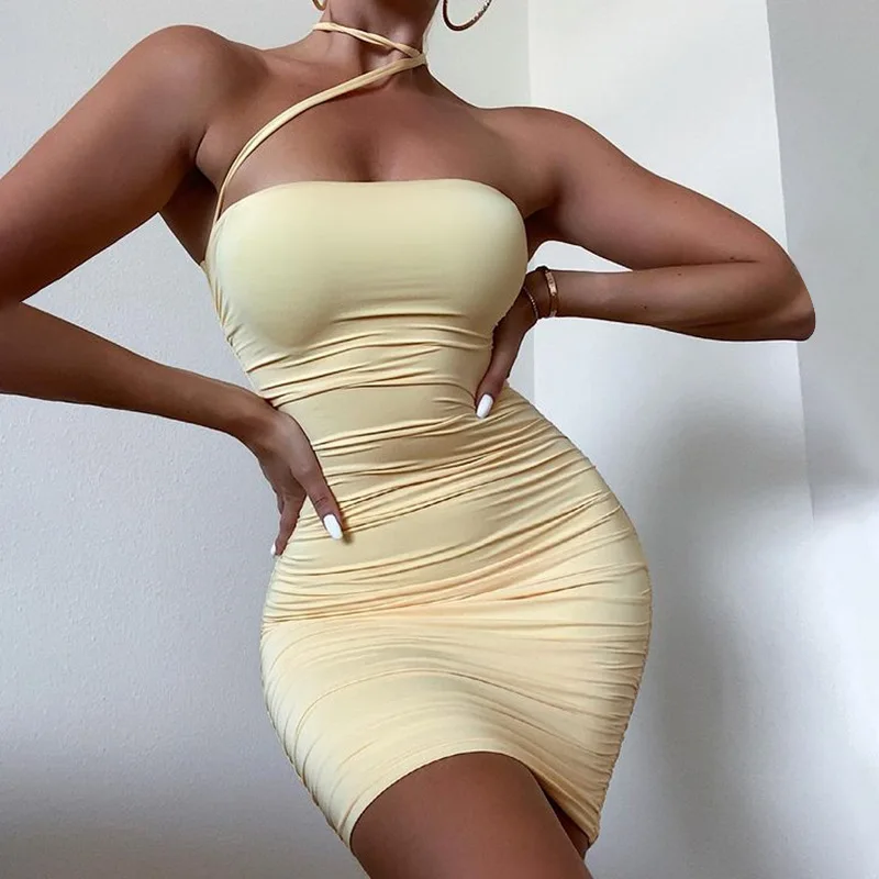 

2022 new sexy pleated off-the-shoulder sling halter neck package hip skirt party dress bodycon party dress plaid party dresses