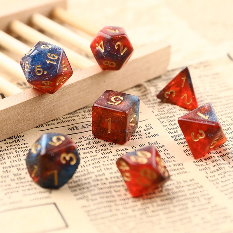 

NEW 7Pcs/Set Dark Blue and Orange Starry Sky Dice D4 D6 D8 D10 D10 D12 D20 Table Games Dice Set