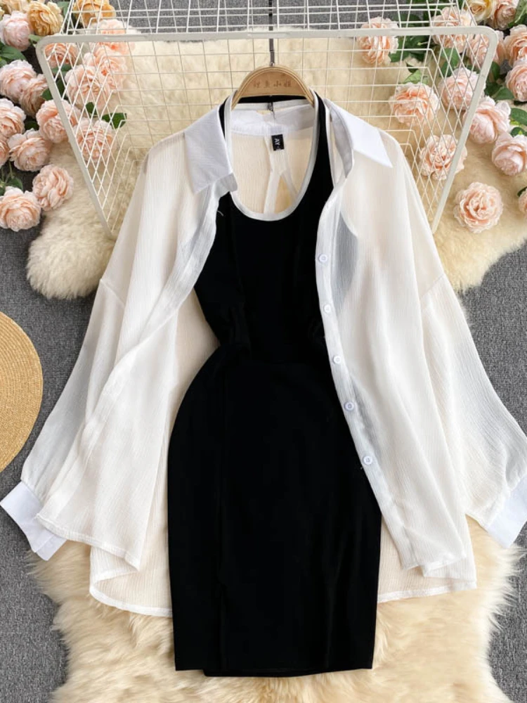 

LY VAREY LIN New Summer Women Fashion Suits Long Sleeve Sunscreen Shirts+high Waist A-line Short Halter Dress Lady Two Piece Set