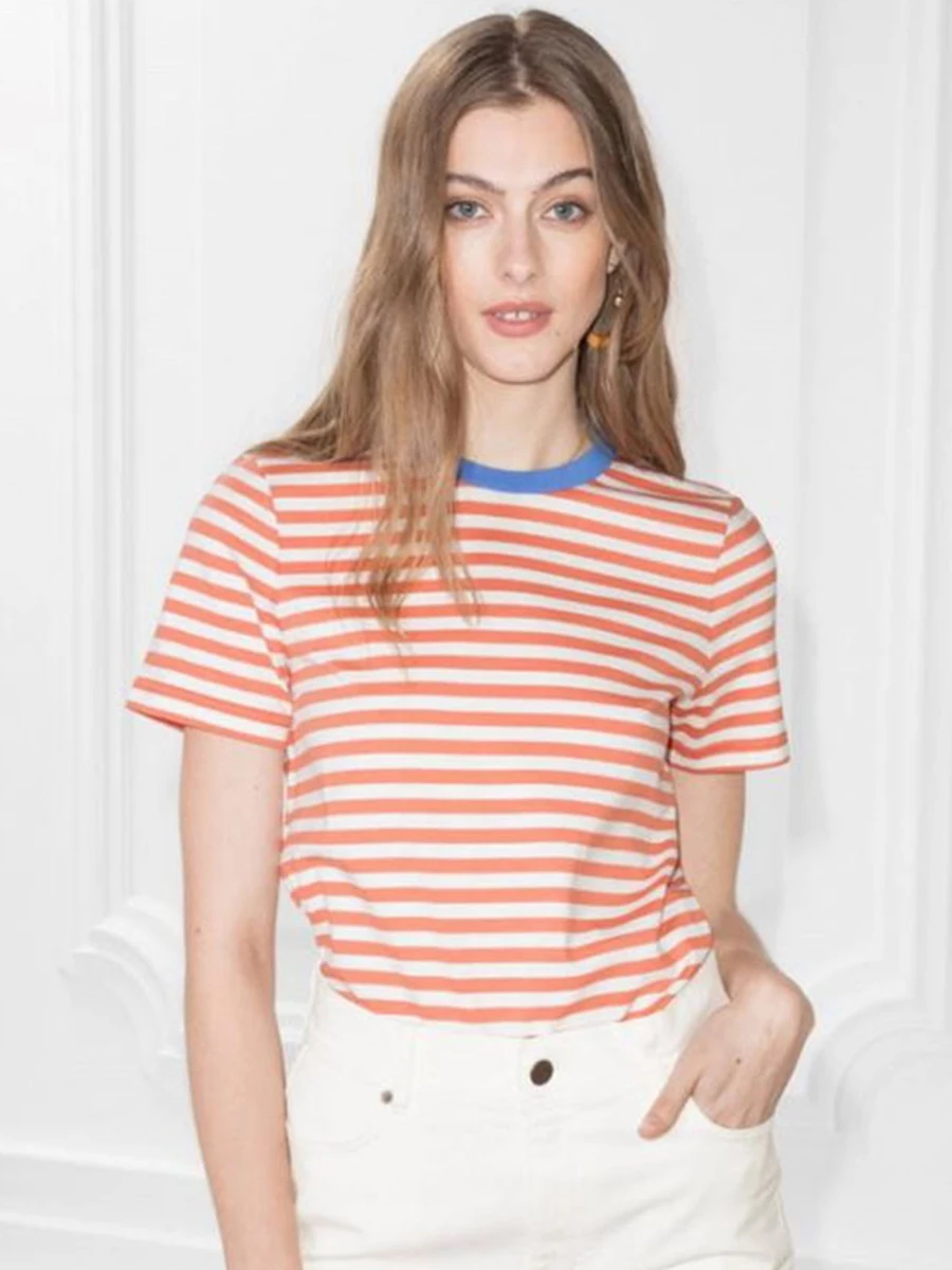 Лоскутная полосатая футболка хлопковая с круглым вырезом летние женские