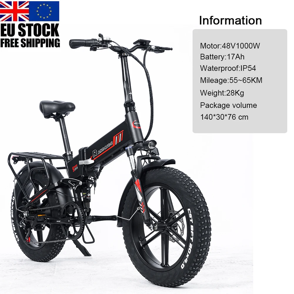 

EU Stock Electric Bicycle Adult Mountain Bike Foldable Electric Bike 1000W 48V 17A Removable Battery Fat Tire Snow Electric Bike
