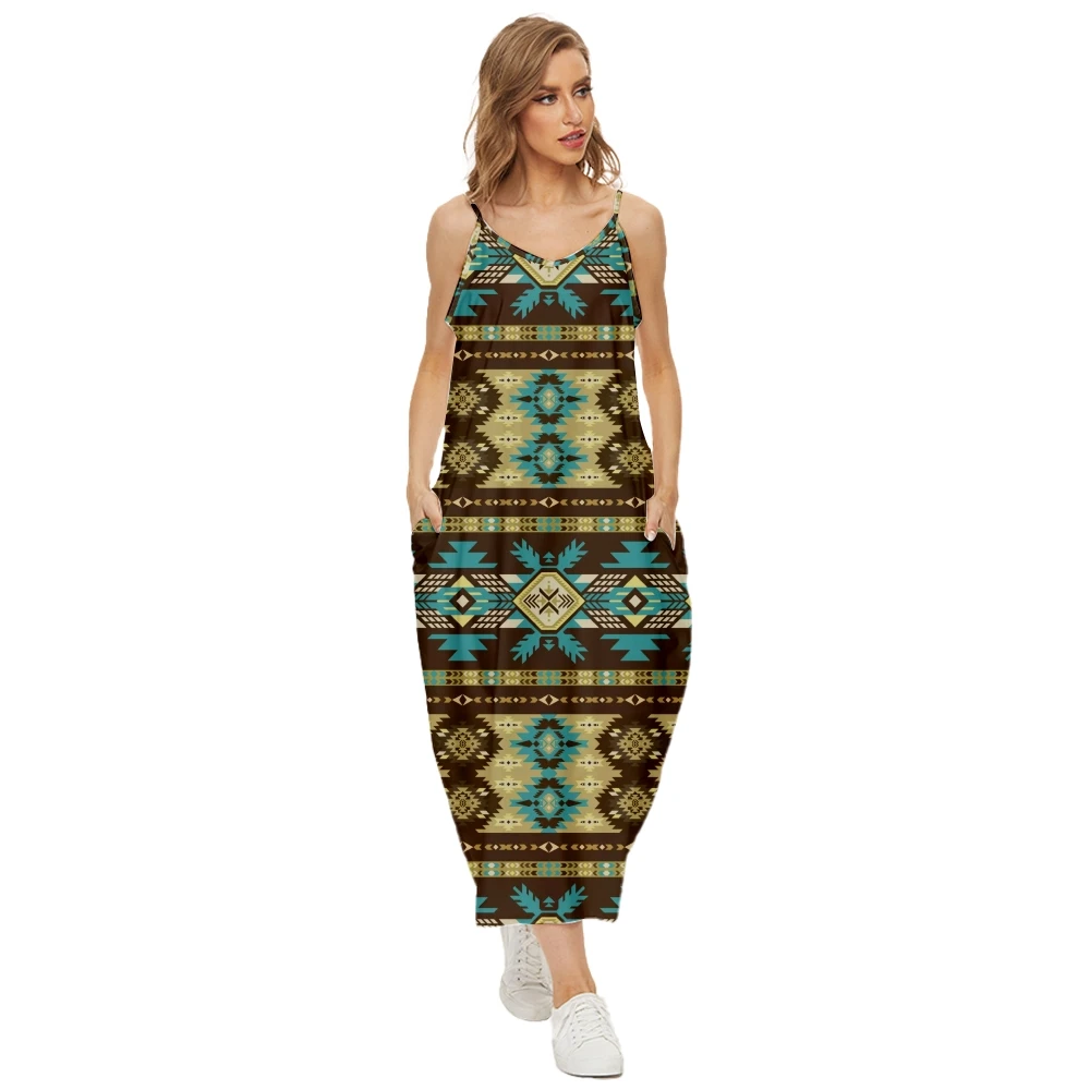 

Women Fashion Dresses Sexy Sleeveless Ethnic Style Stitching Printing Causal Halter Summer Beach Dress Ladies Sling Long Dresses