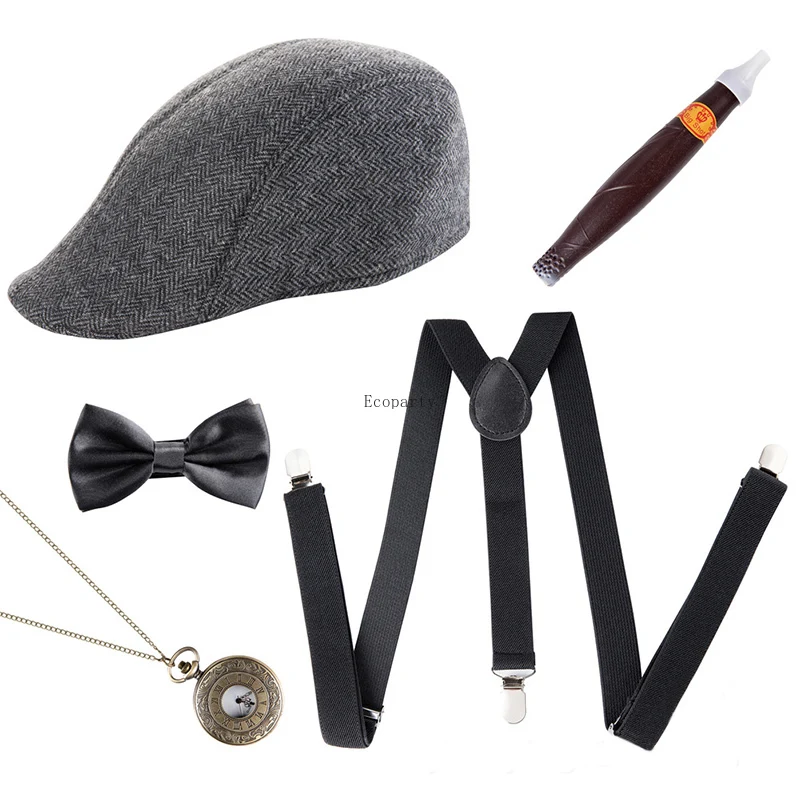 

The Great Gatsby Cosplay Costume 1920s Mens Gangster Accessories Set Newsboy Hat Suspenders Armbands Tied Bowtie Drop Shipping30