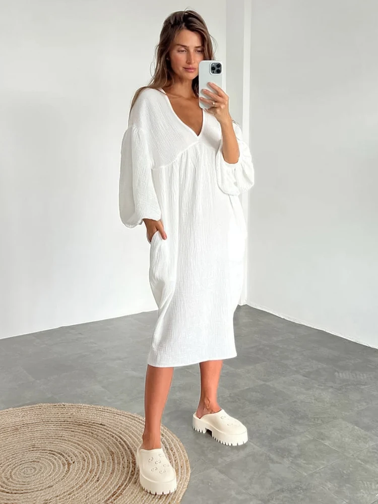 

Mid-Calf Cotton Nightgown Woman Dresses Lantern Sleeve Night Dress Women Nightwear Solid Color V-Neck Nightdress Winter