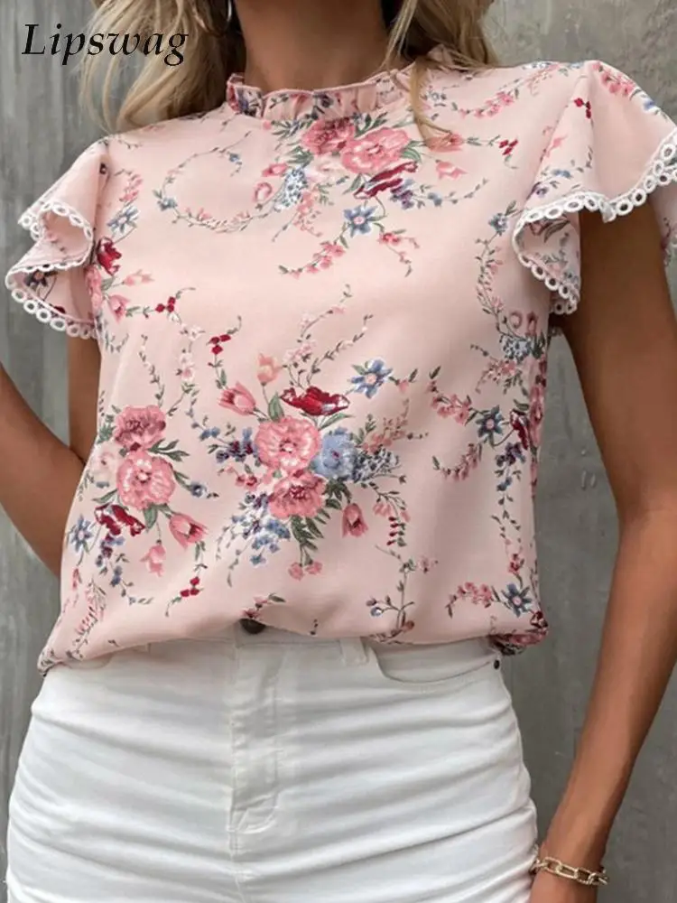 

Women Vintage Floral Blouse Shirts Blouse Summer Casual O-Neck Lady Tops Pullover Elegant Fashion Short Sleeve Ruffle Blusa 2022