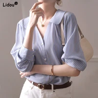 elegant chiffon turn down collar button striped loose straight long sleeve casual shirts thin summer comfortable women clothing