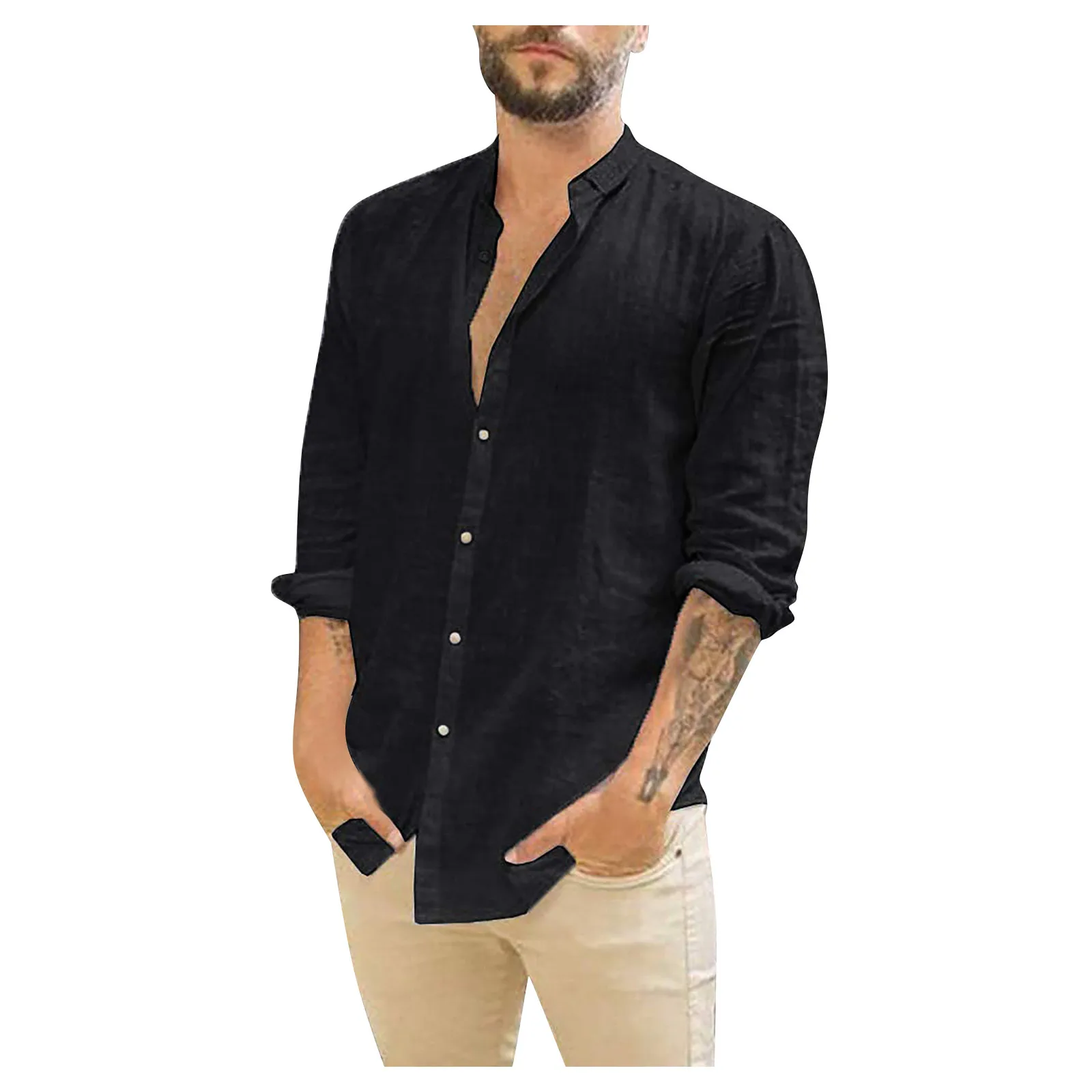 Shirts For Man Summer Casual Top Cotton Solid Color Long Sleeve Clothing Loose Stand Collar Shirts