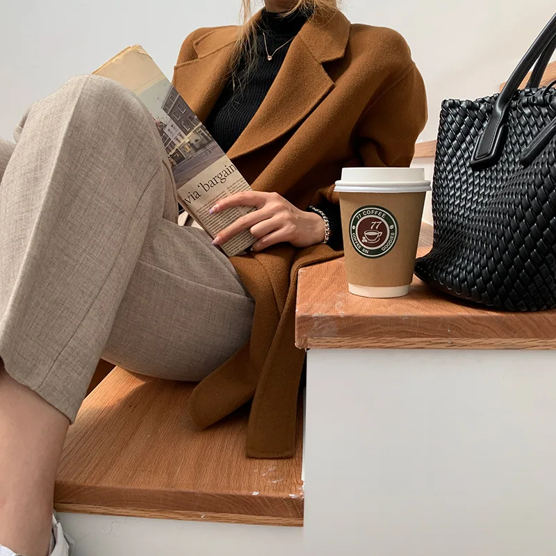 Wholesale double-sided cashmere woolen coat women's long black caramel color lace small bathrobe double-sided woolen coat