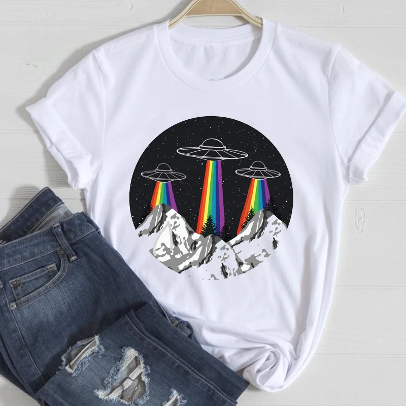 

T-shirts Women Cartoon UFO Alien Mountain 2022 New Casual Spring Summer Clothes Stylish Tshirt Top Lady Print Ladies Tee T-Shirt
