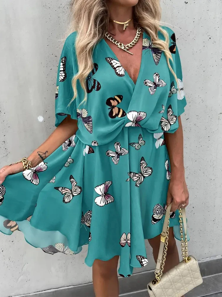 

Summer Elegant Loose Print Midi Dress Women 2022 Fashion Sexy Deep V-neck Short Sleeve Party Dresses Woman Casual Beach Dress
