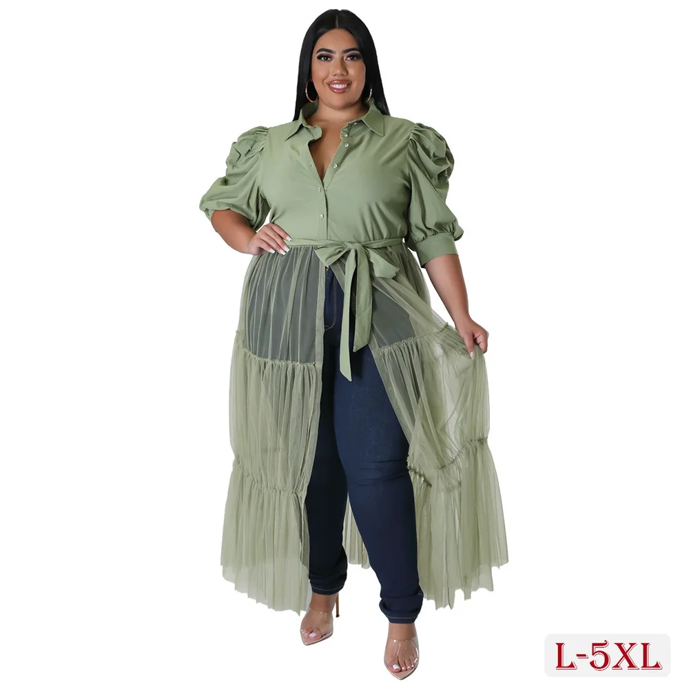 

Повседневное женское платье-рубашка, модель 5XL Plus, офисные женские летние новые сетчатые платья 2023, офисное женское платье