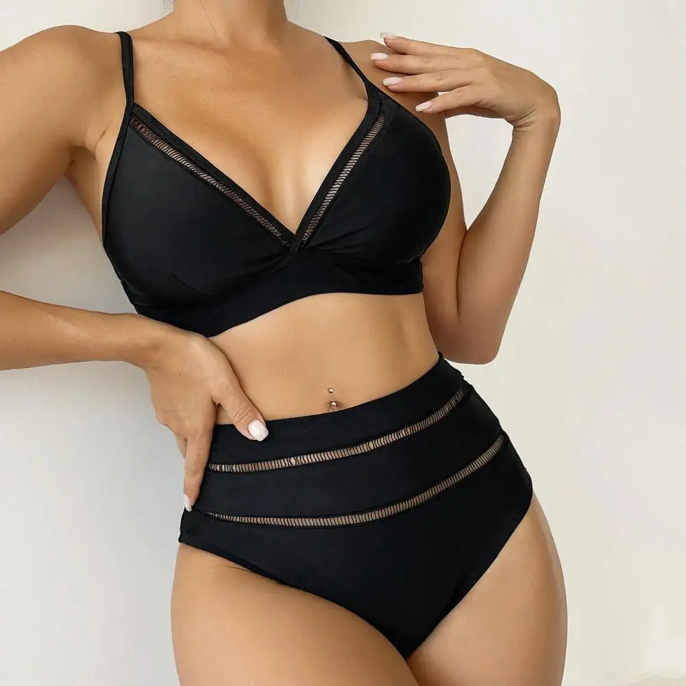 

2Pcs/Set V-neck Hollow Knitting Back Lace-up Bikini Set Women Push-Up Bra High Waist Briefs Swimsuit Beachwear