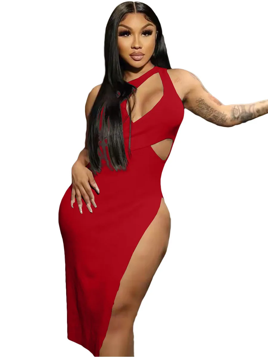 

Szkzk summer new hollow out asymmetrical dress female side slit sleeveless high waist tight fit sexy night club party midi dress