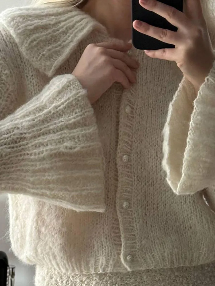 Женский модный вязаный кардиган с кукольным воротником однотонный короткий