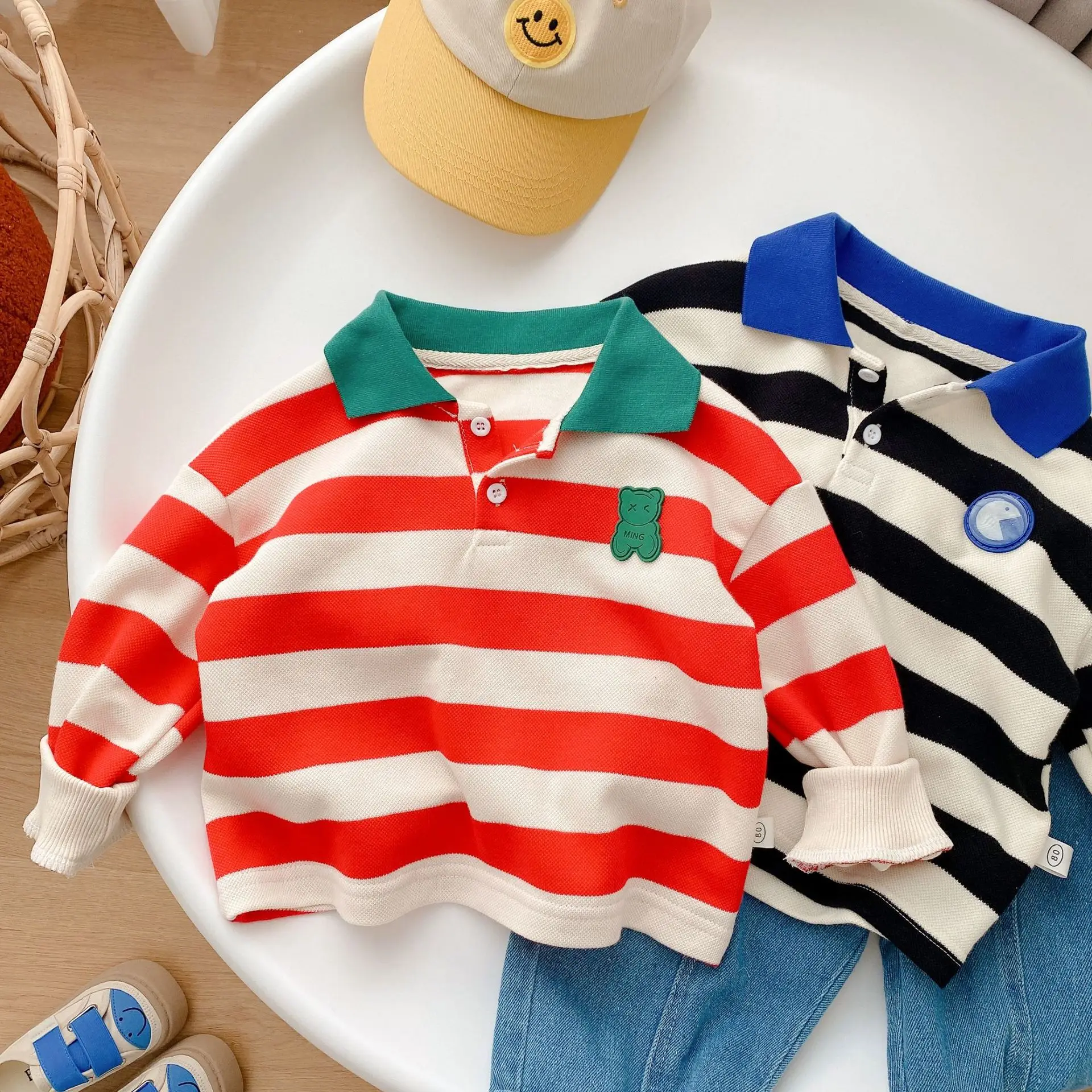 

2022 Korean Spring Autumn Children's Clothing Splice Color Cotton Stripe Sweatshirt Loose T-shirt Boys Girls Baby Tops1-7T