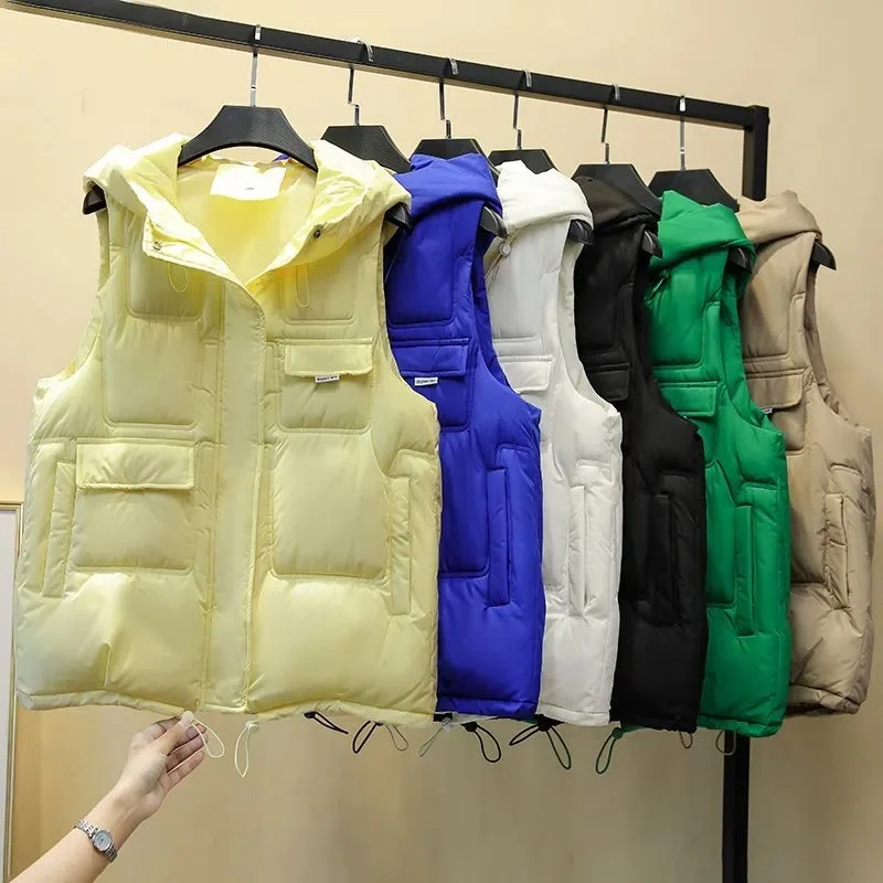 

2023 Autumn Winter Women's Vest Korean Slim Hooded Down Cotton Vest Women Waistcoat Sleeveless Jacket Jacket Female Coat