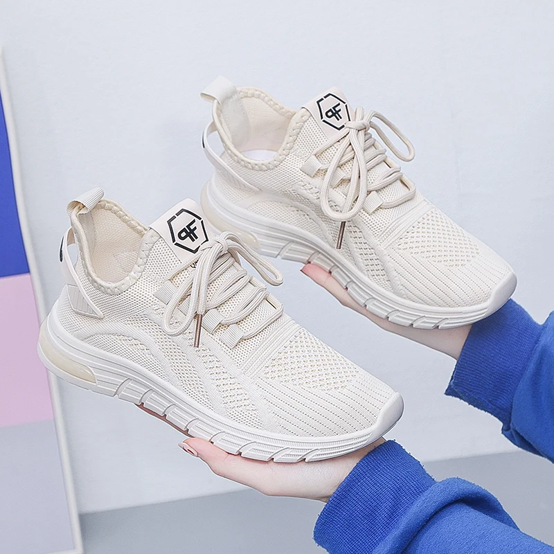 2023 Spring New Women's Shoes Sports Shoes Korean Version of Flying Woven Casual Shoes Pure Color Breathable Mesh Women's Shoes