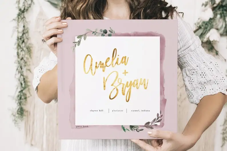 

Blush Pink Wedding Guest Book, Real Gold Foil Horizontal Wedding Book, Rustic wedding, Hardcover Instant Photo Booth Album