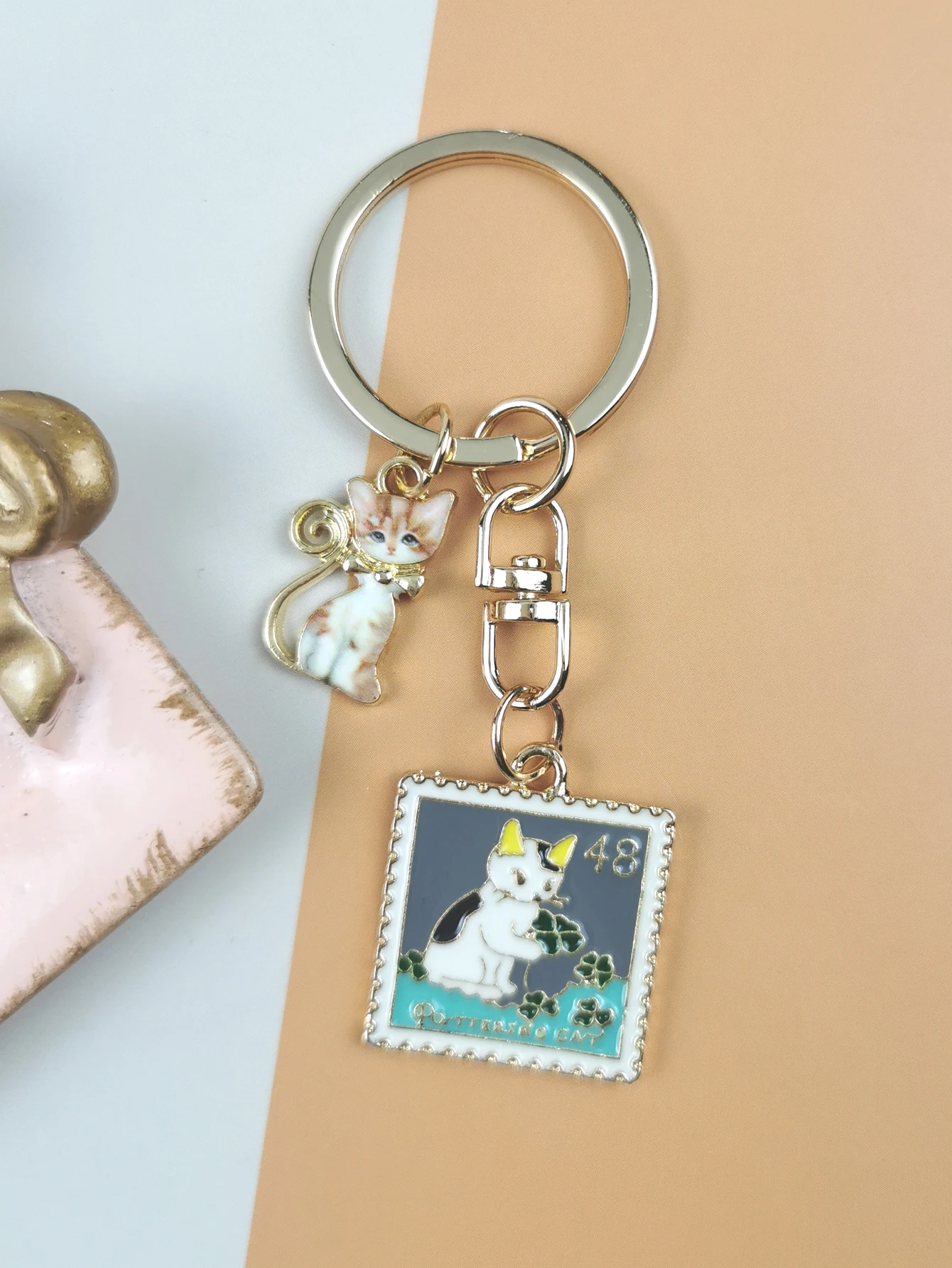2Pcs Cute Animal Enamel Keychain Stamp Cat Keyring Key Chains Gifts For Female Handbag Key Dangle Handmade Jewelry