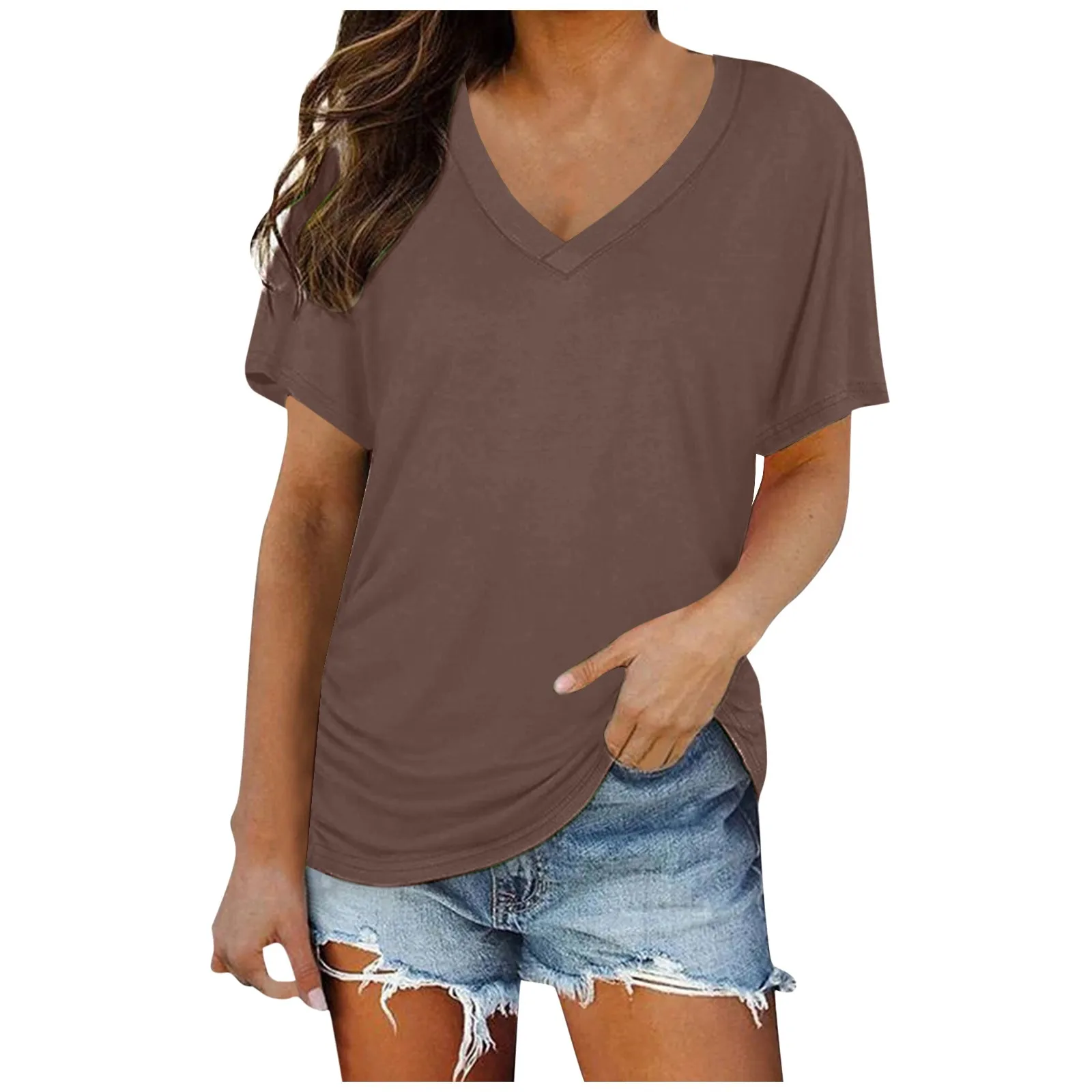 

Женская футболка с V-образным вырезом, однотонная Повседневная Городская футболка с коротким рукавом, большие размеры, лето 2022