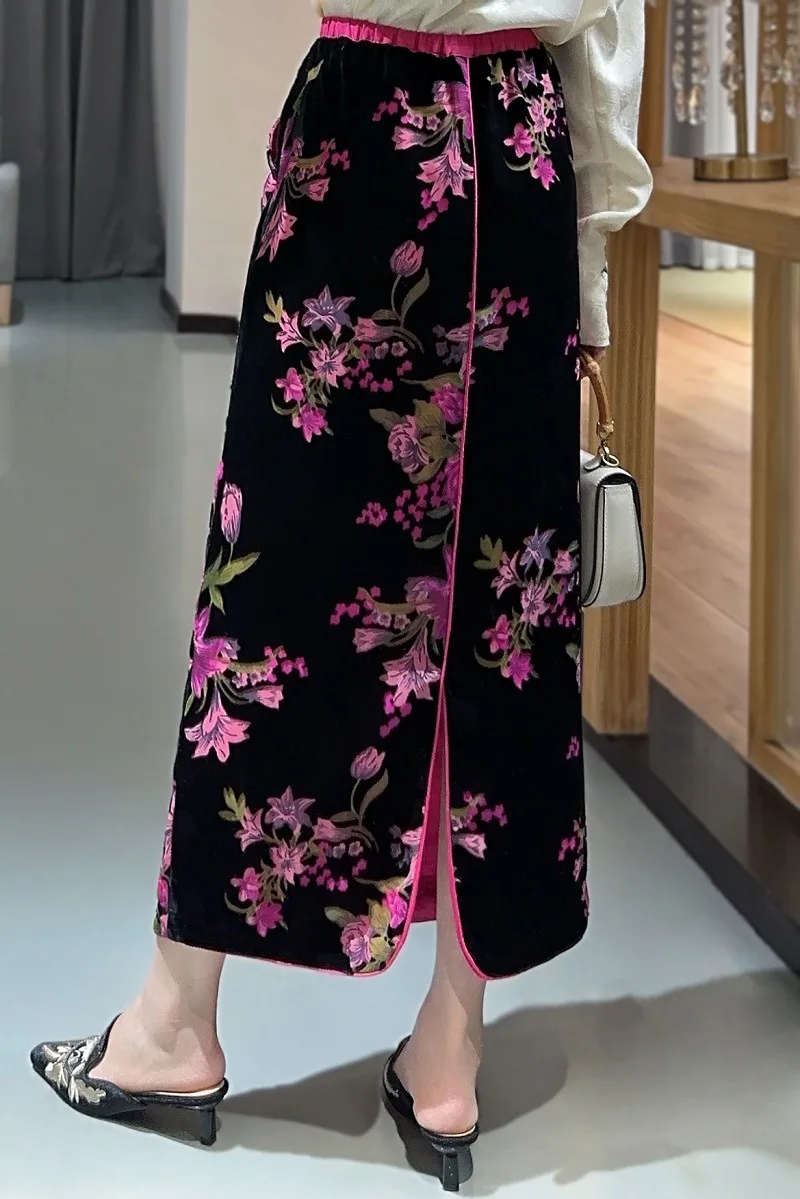 Высококачественная осенне-зимняя юбка в винтажном китайском стиле бархатная